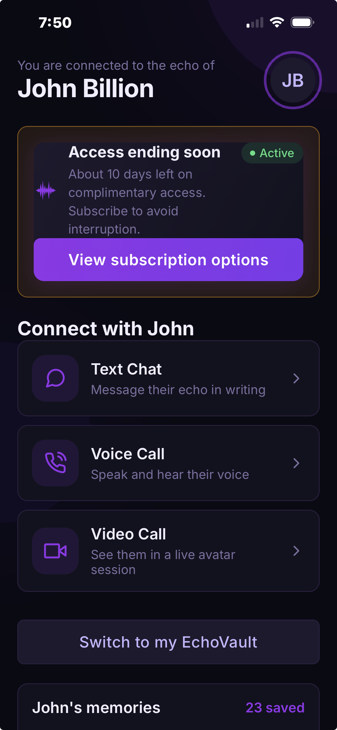 Custodian view with text chat, voice call, and video call options to connect with an Echo